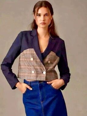 Jason Wu Navy and Plaid Color Block Crop Jacket Small